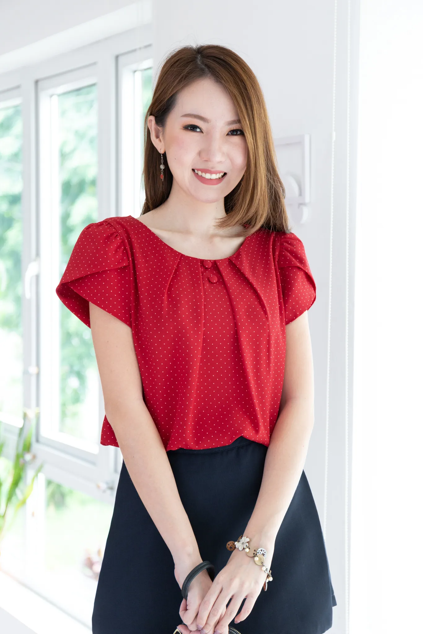 MT0503 Folded Neckline Dot Blouse – Red