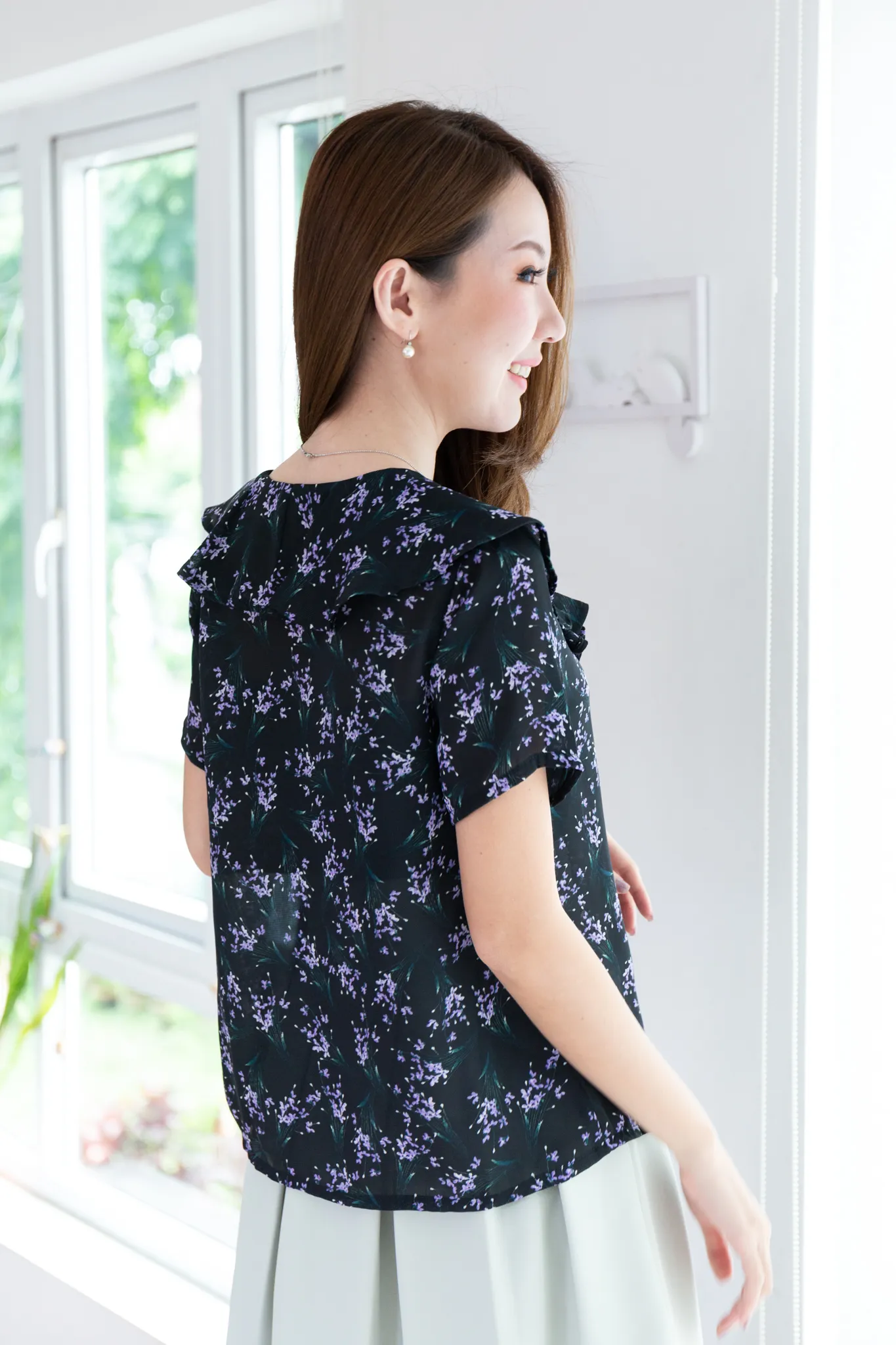 MT0801 Midnight Garden Ruffle Collar Blouse – Black - Image 9
