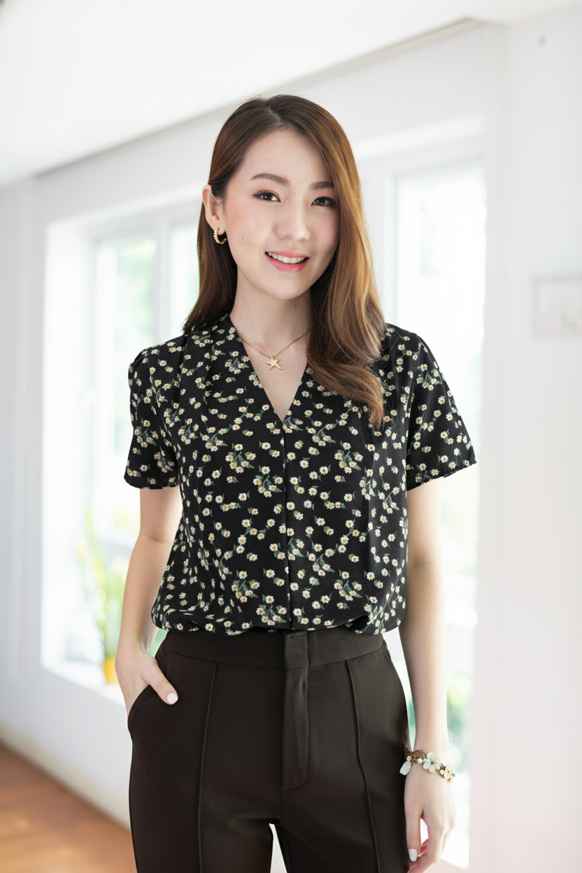 MT0601 V-Collar Daisy Blouse – Black