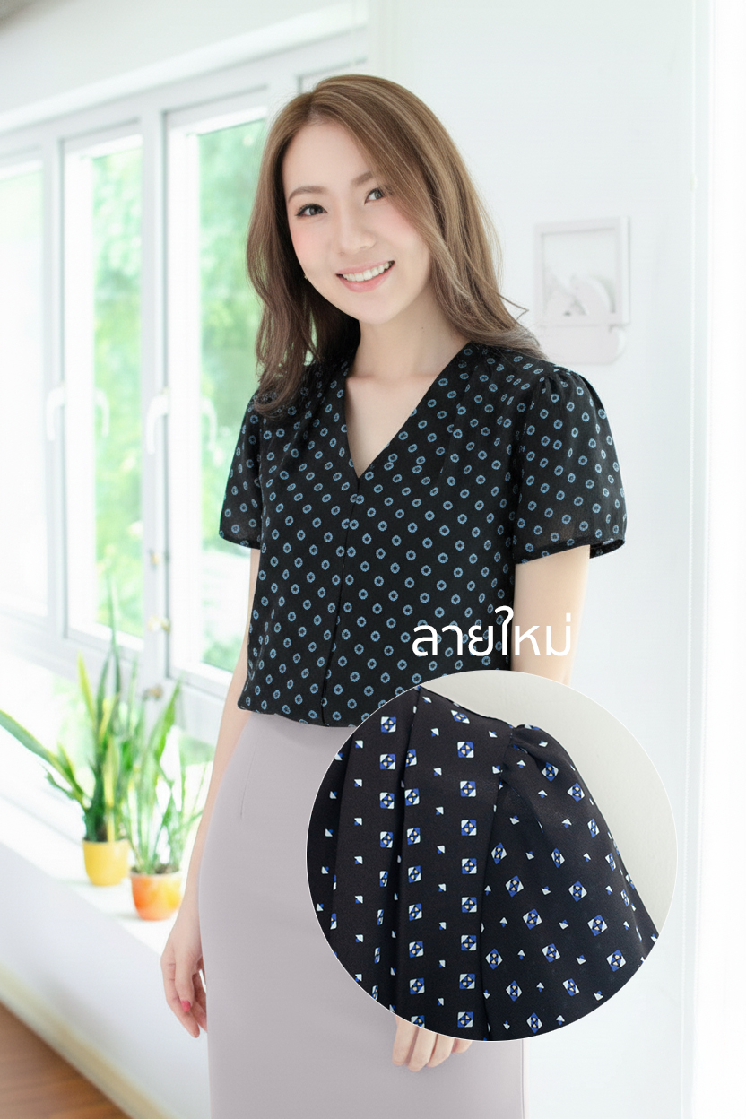 MT0601 V-Collar Graphic Chiffon Blouse – Black