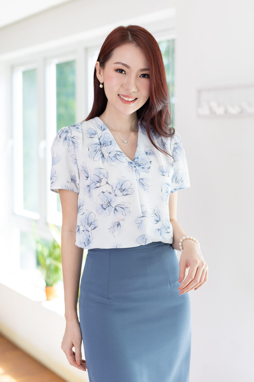 MT0601 V-Collar Flower Blouse – Pale Blue