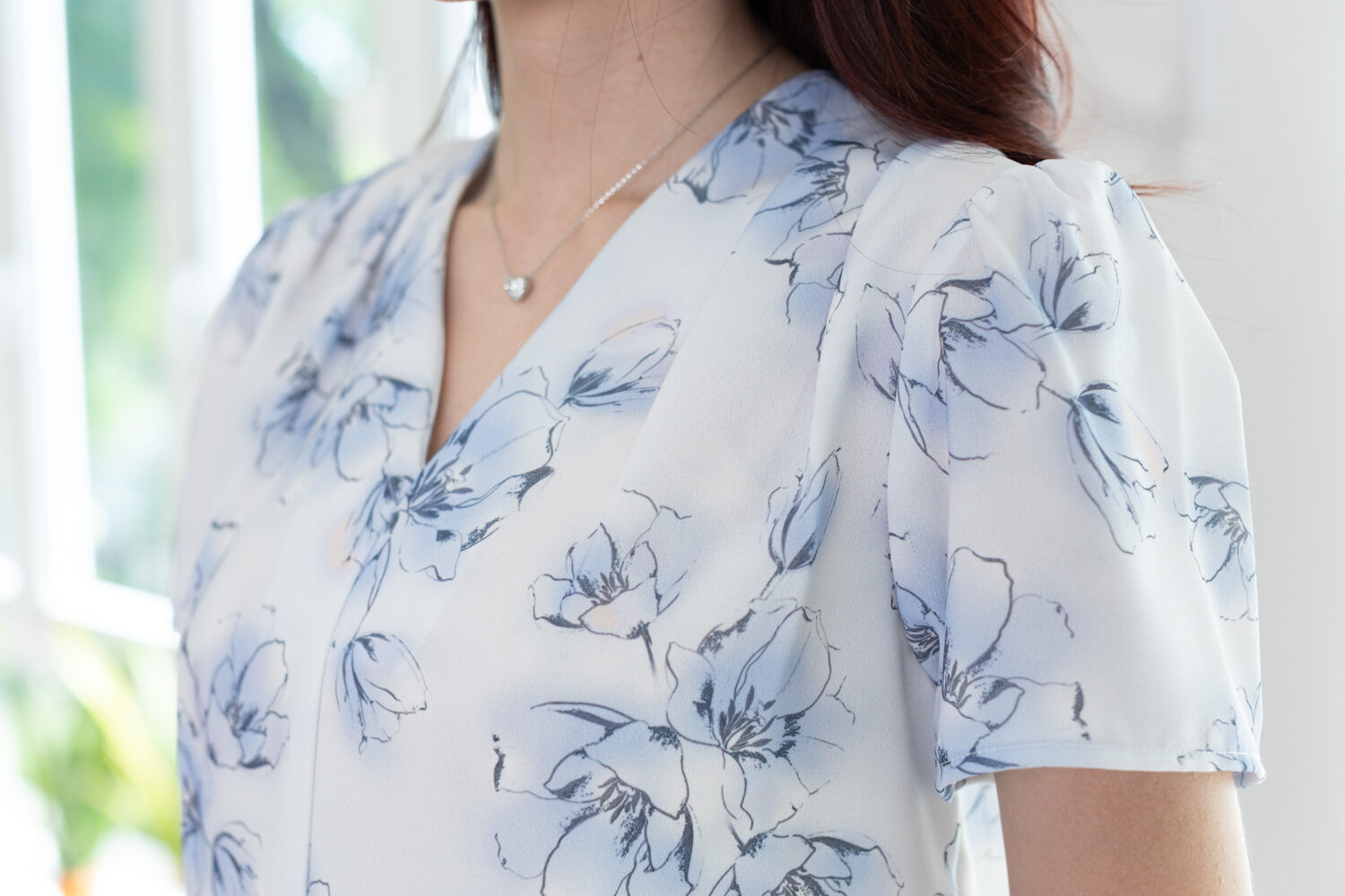 MT0601 V-Collar Flower Blouse – Pale Blue - Image 3