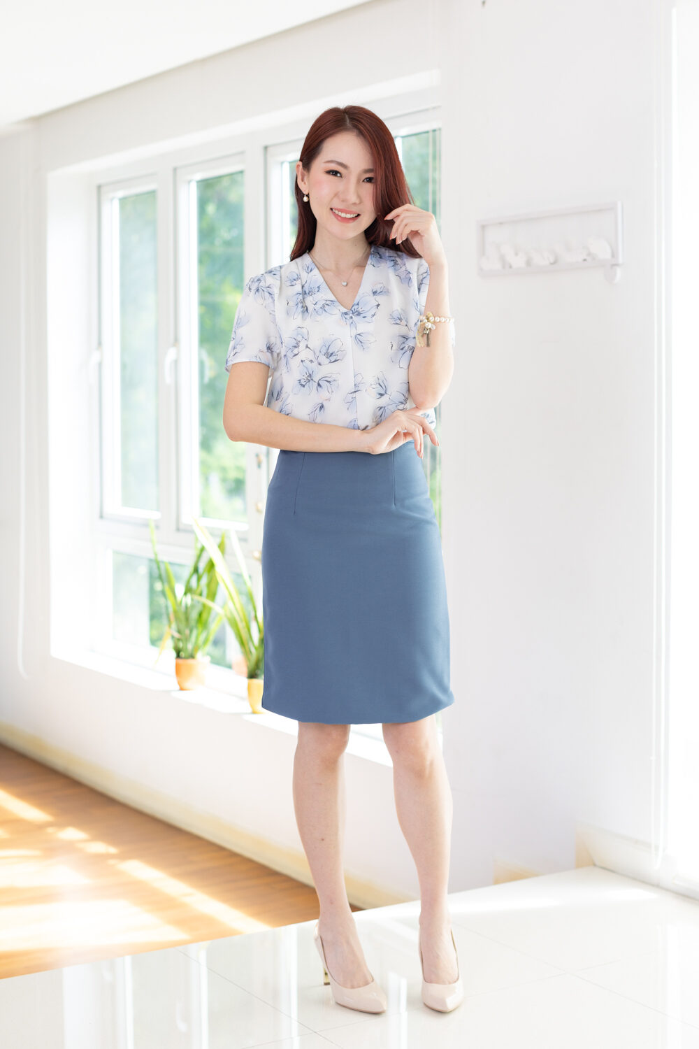 MT0601 V-Collar Flower Blouse – Pale Blue - Image 5