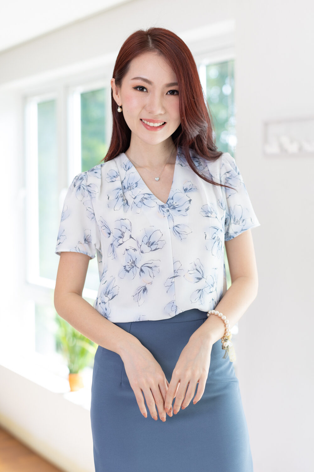 MT0601 V-Collar Flower Blouse – Pale Blue - Image 8