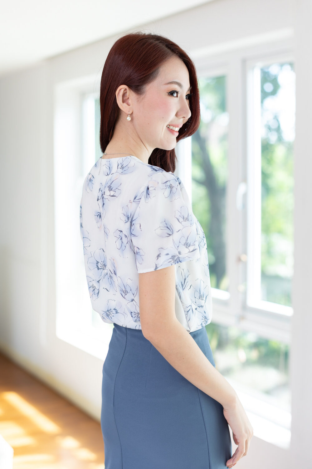 MT0601 V-Collar Flower Blouse – Pale Blue - Image 9
