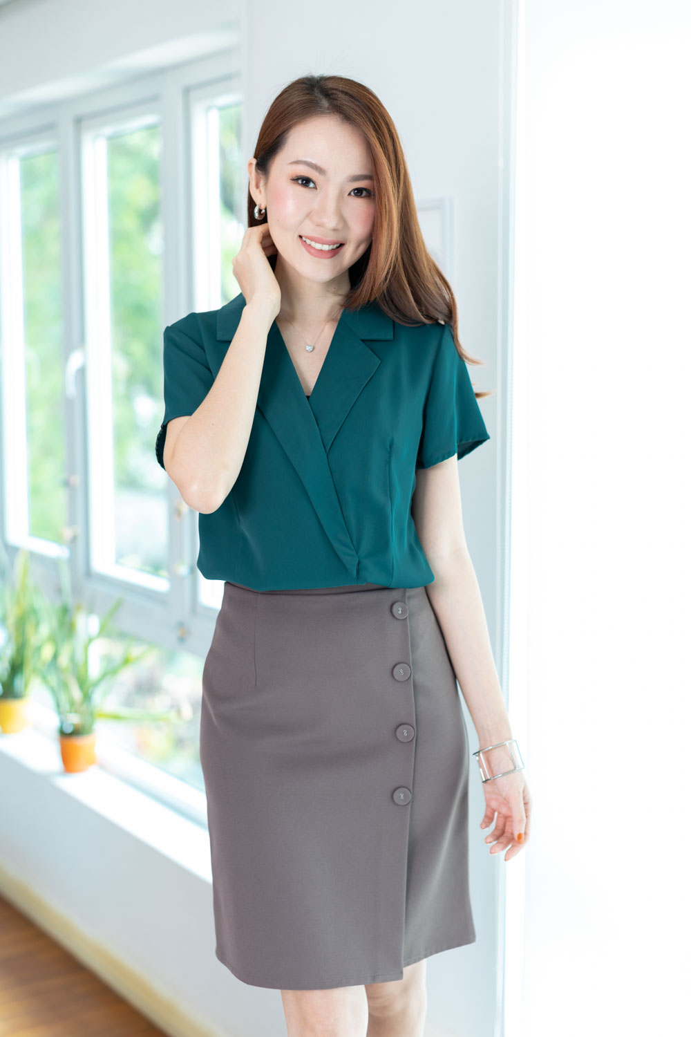 NT2299 Overlap Collar Blouse – Ocean Green - Image 5