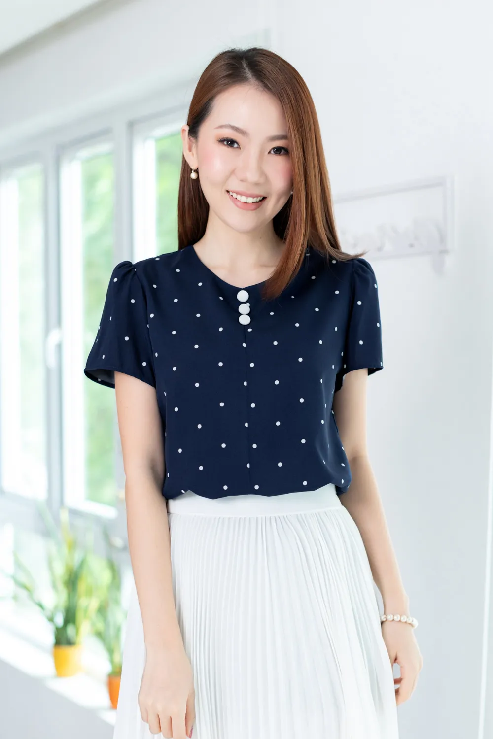 MT0301 Triple Button Polka Dot Blouse – Dark Navy Blue