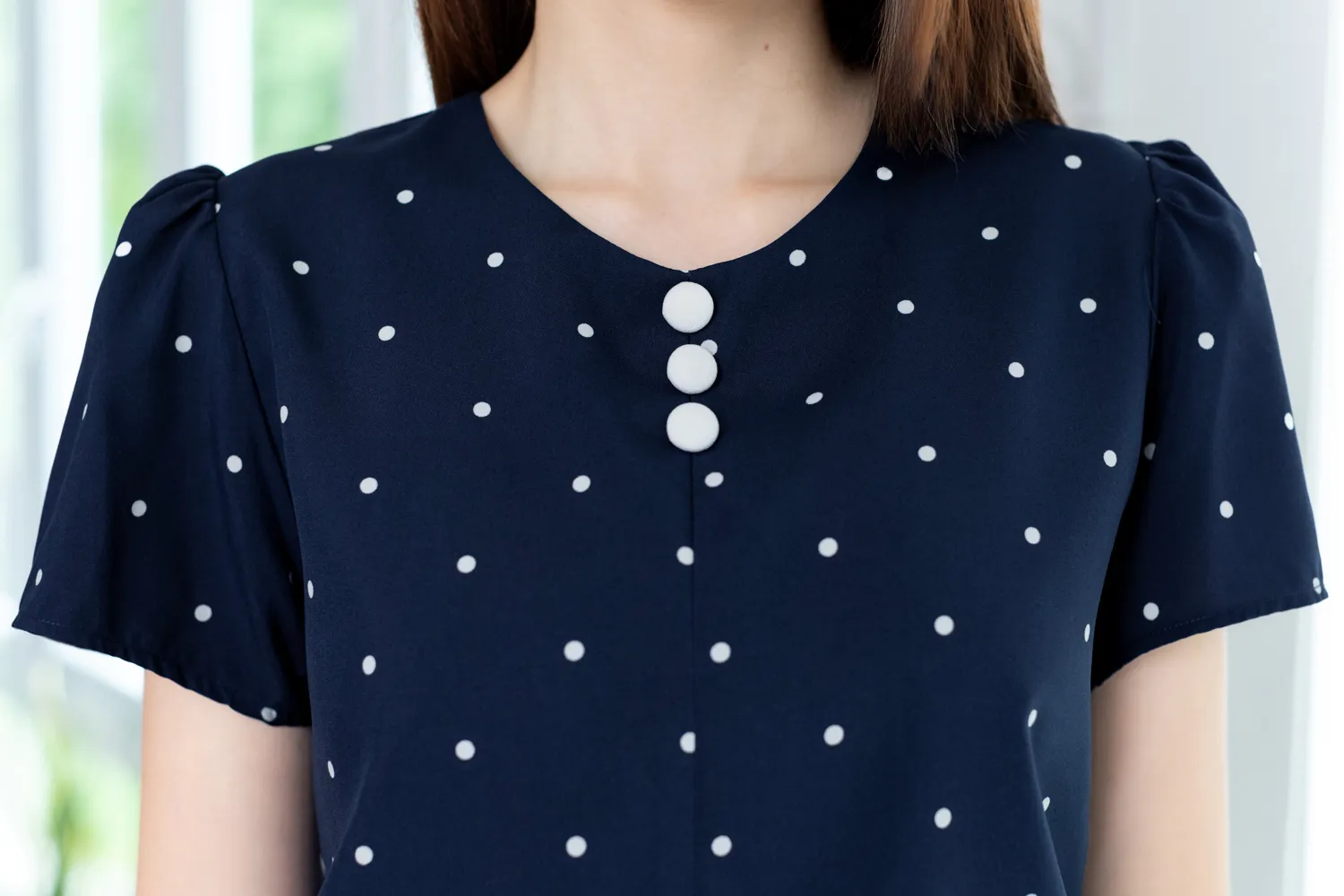 Alternative view of MT0301 Triple Button Polka Dot Blouse – Dark Navy Blue