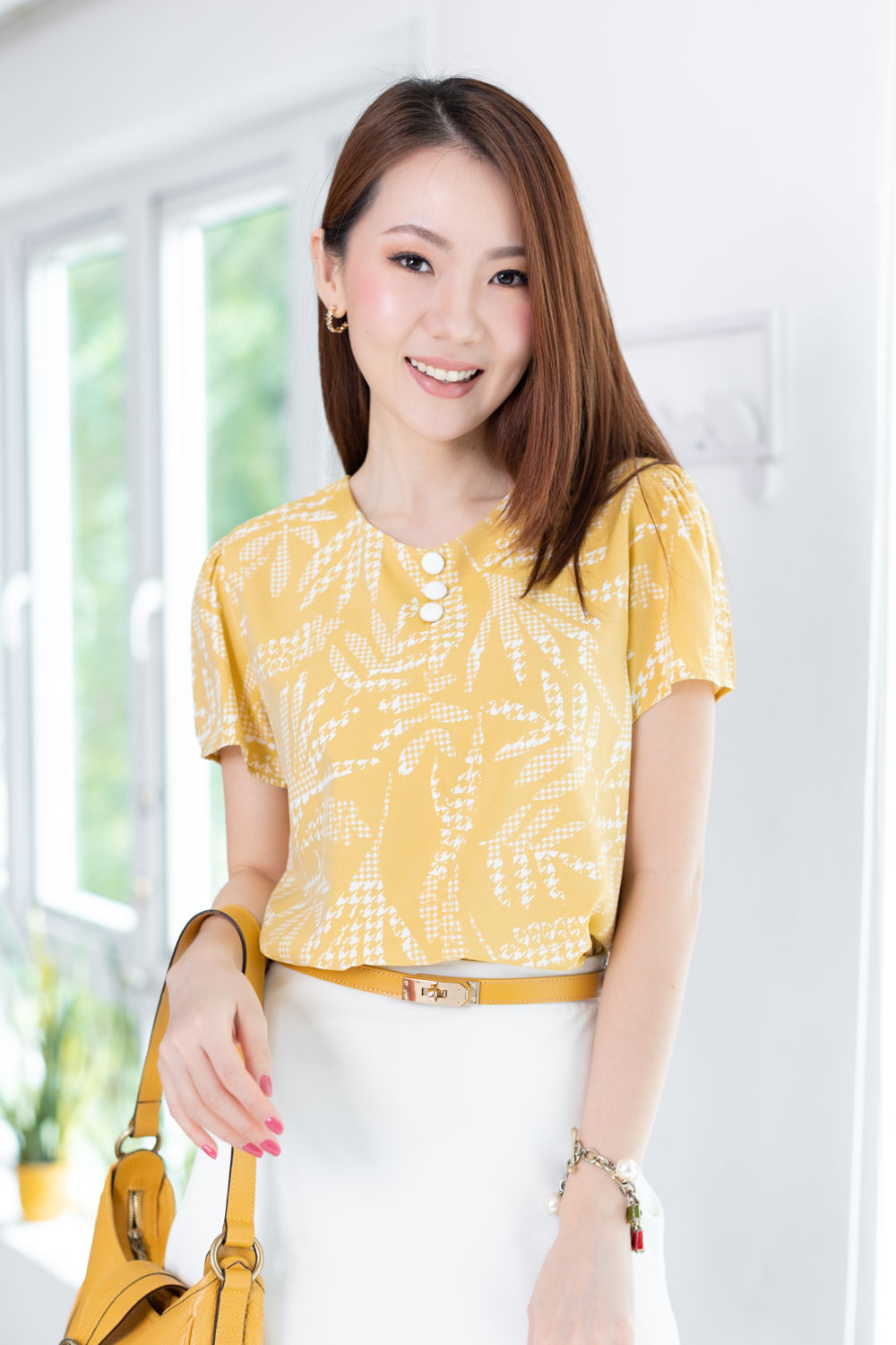 MT0301 Triple Button Shinori Leaf Blouse Yellow Narinarishop mt0301-triple-button-shinori-leaf-blouse-yellow-narinarishop