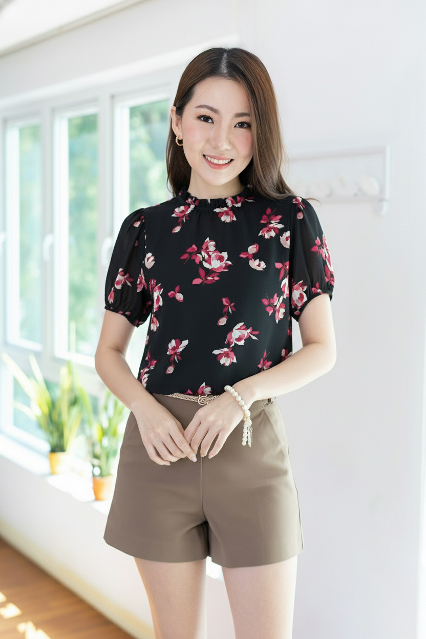 MT2710 Ruff Collar Camellia Chiffon Blouse – Black