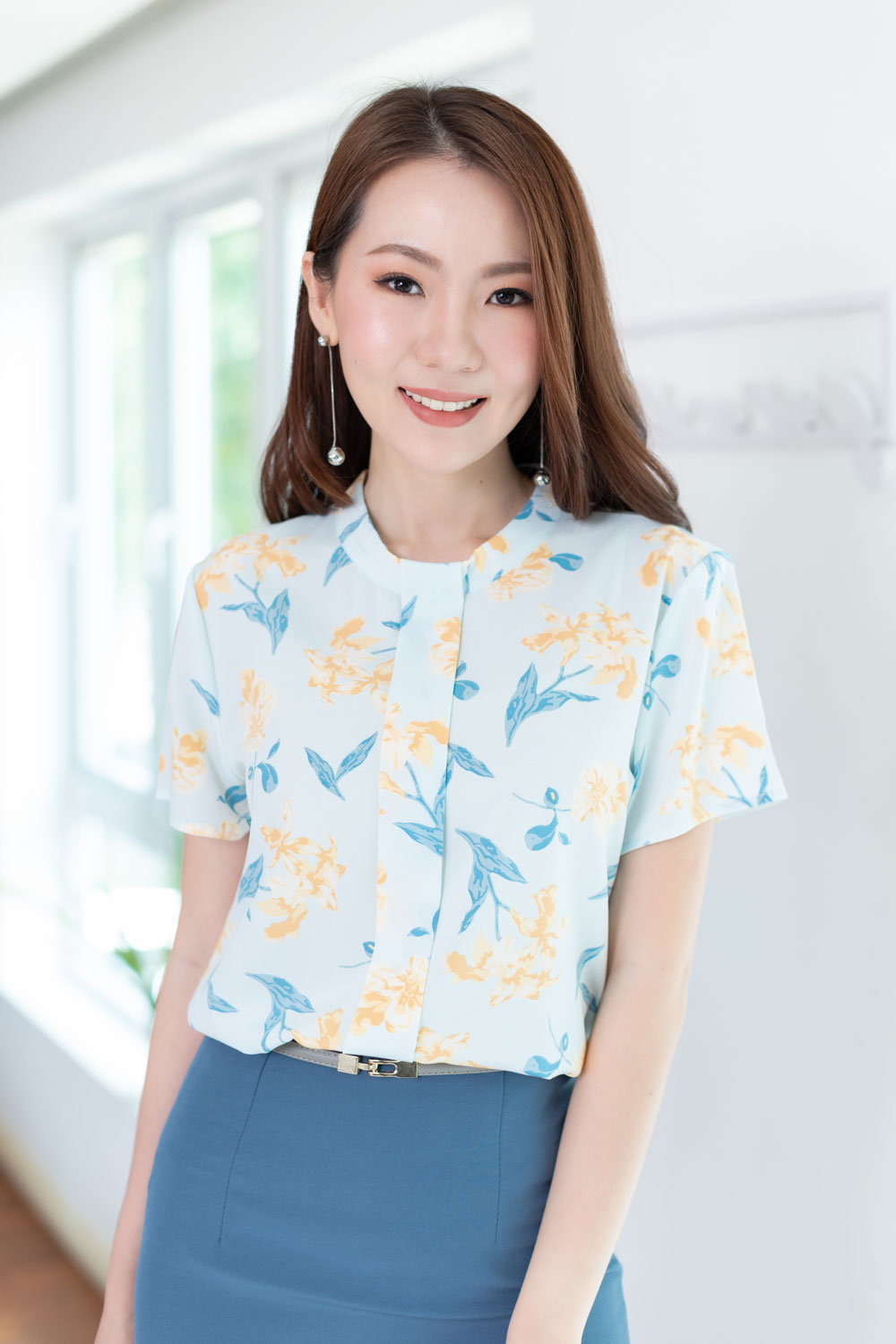 NT407 Placket Flower Blouse – Light Blue – Narinarishop.com