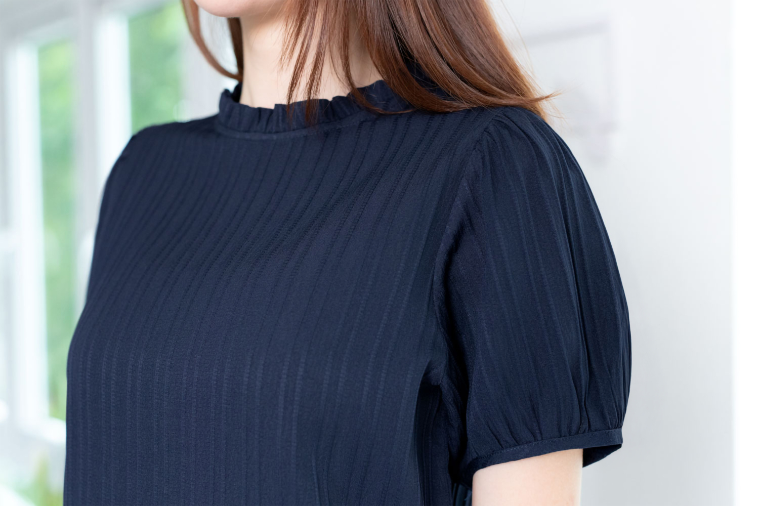 Alternative view of MT2710 Ruff Collar Textured Blouse – Navy Blue