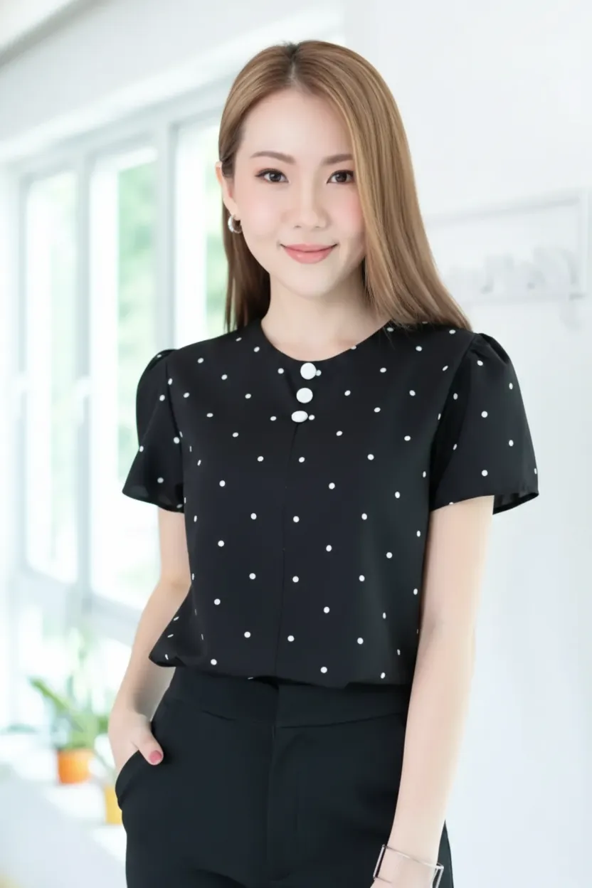 MT0301 Triple Button Polka Dot Blouse – Black