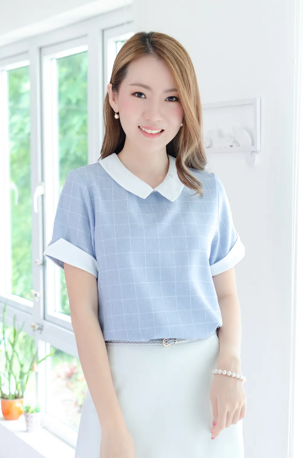 MT3823 Point Collar Notch Sleeve Blouse – Light Blue