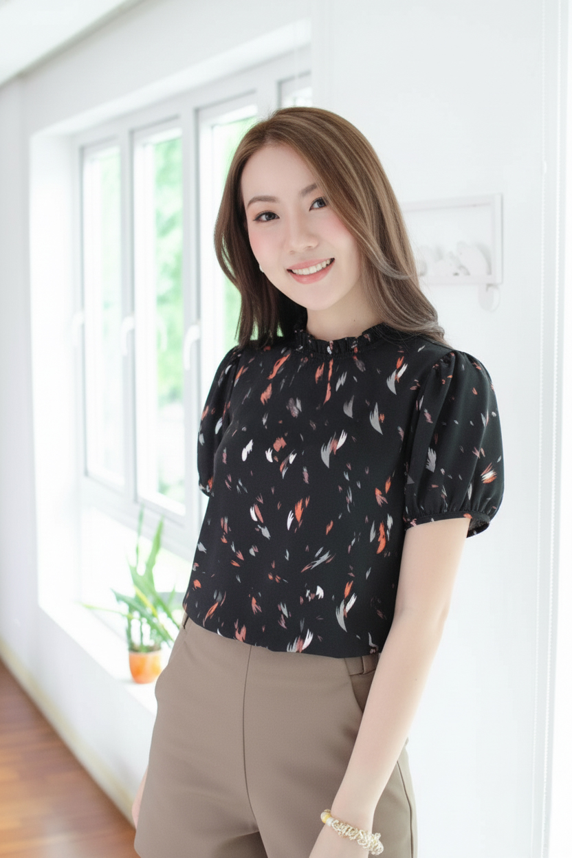 MT2710 Ruff Collar Feather Print Blouse – Black