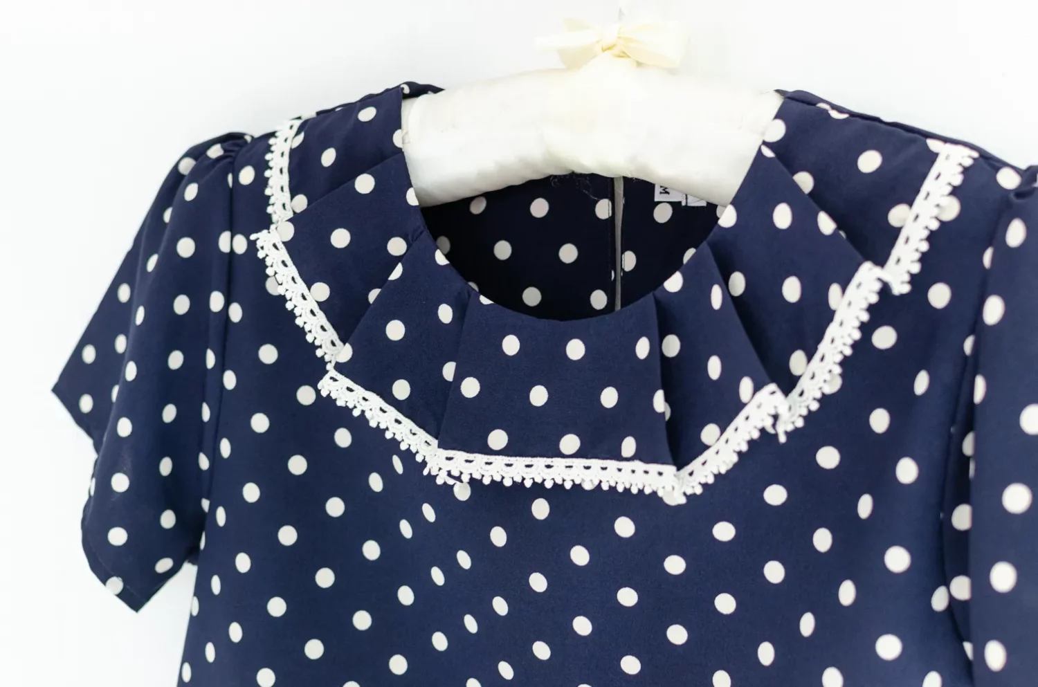 Alternative view of NT2437 Pleated Collar Polka Dot Blouse – Navy Blue