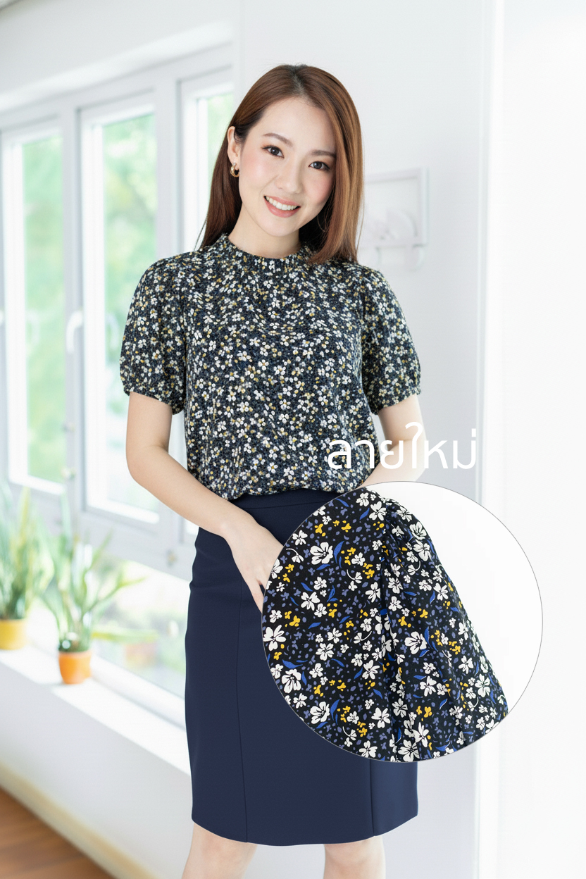 MT2710 Ruff Collar Midnight Garden Blouse – Black