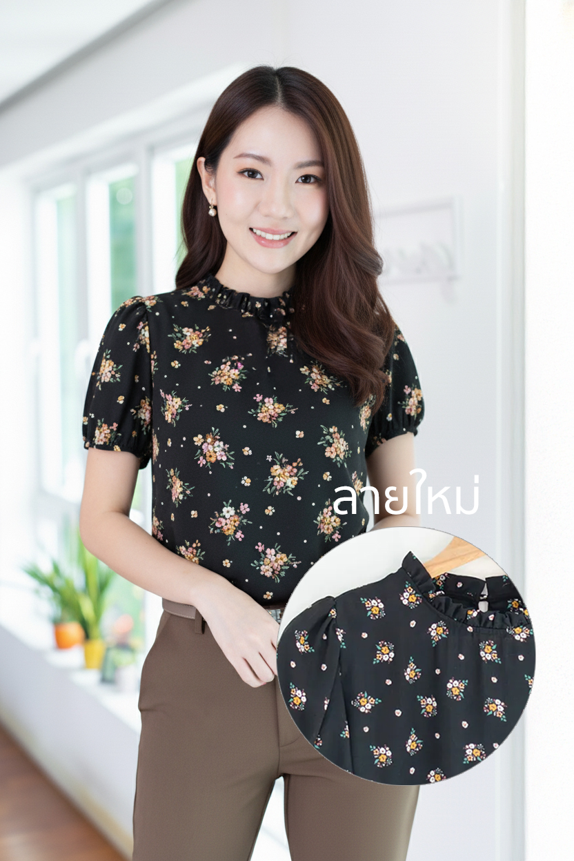 MT2710 Ruff Collar Tiny Bouquet Blouse – Black