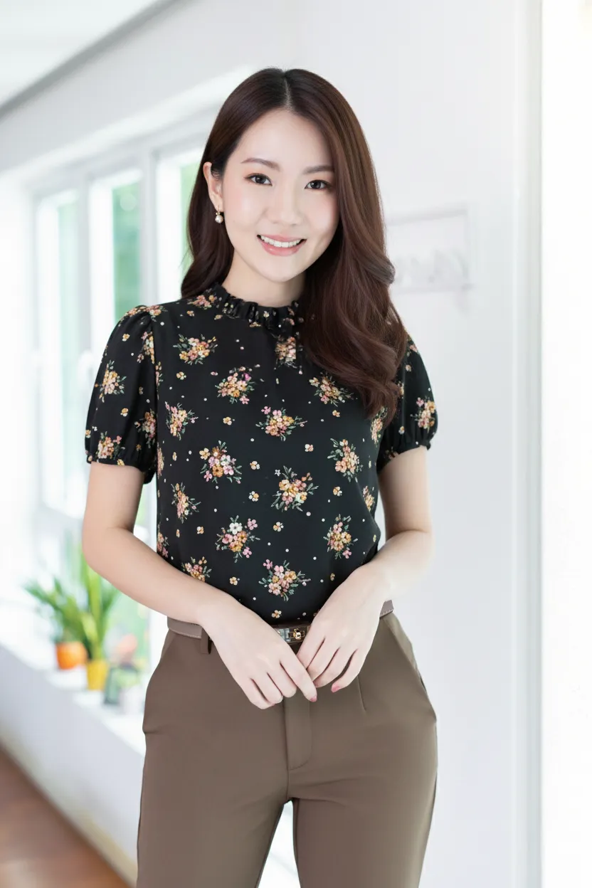 MT2710 Ruff Collar Tiny Bouquet Blouse – Black - Image 6