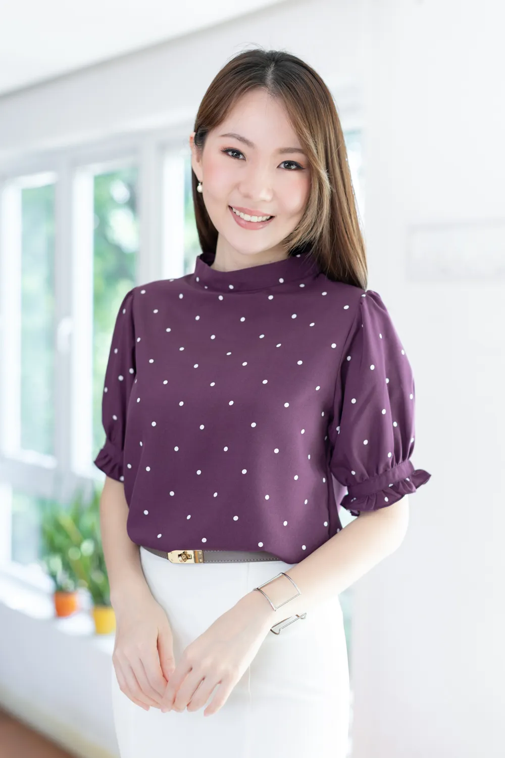 MT0732 Dot Band Collar Puff Sleeve Blouse – Plum