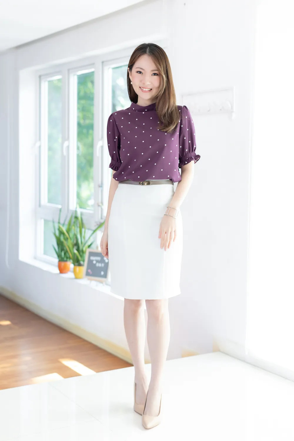 MT0732 Dot Band Collar Puff Sleeve Blouse – Plum - Image 3