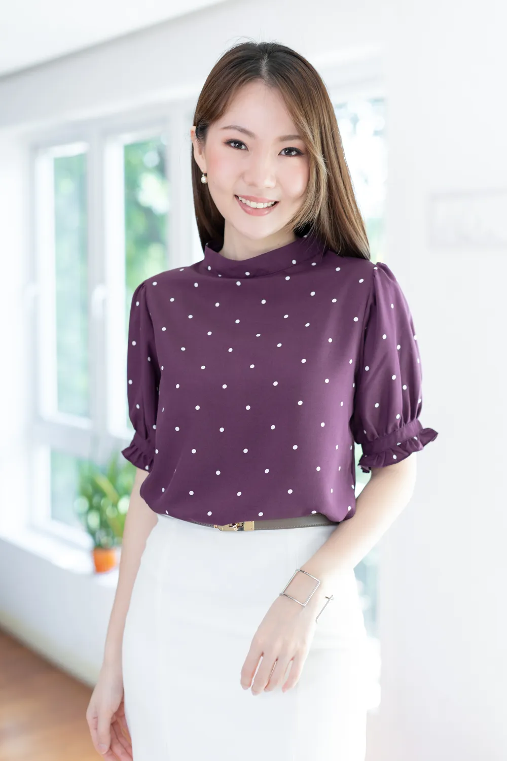 MT0732 Dot Band Collar Puff Sleeve Blouse – Plum - Image 5