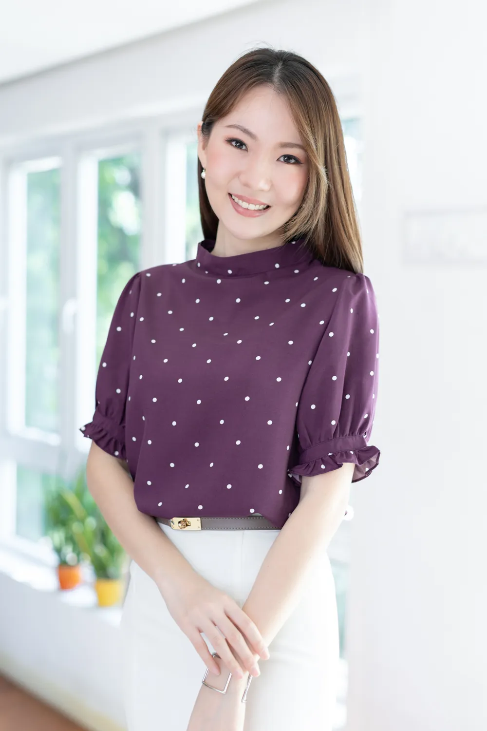 MT0732 Dot Band Collar Puff Sleeve Blouse – Plum - Image 6