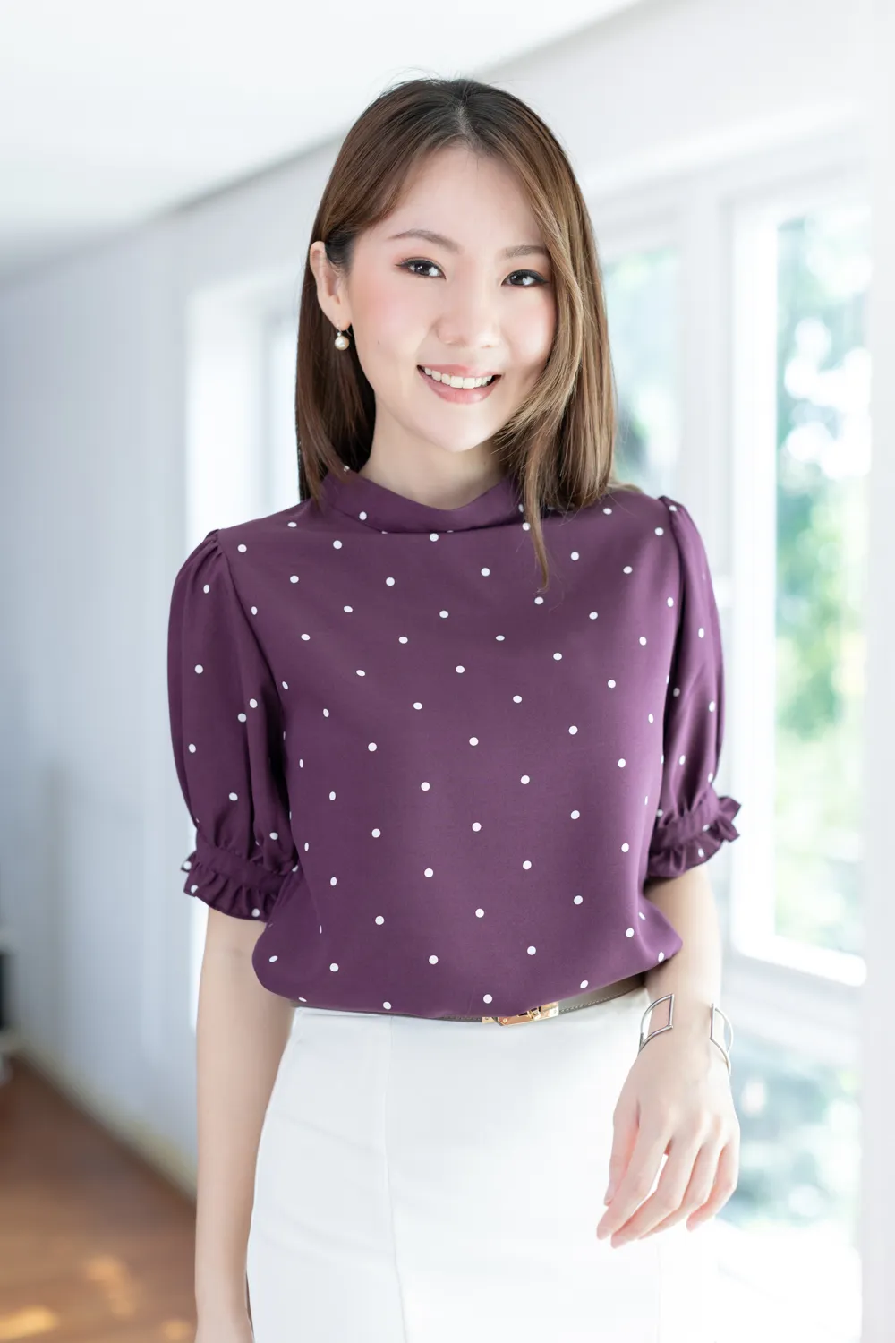 MT0732 Dot Band Collar Puff Sleeve Blouse – Plum - Image 7