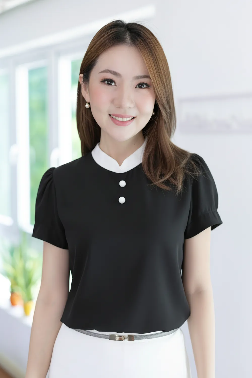 MT3906 Overlap Collar Double Button Blouse – BW