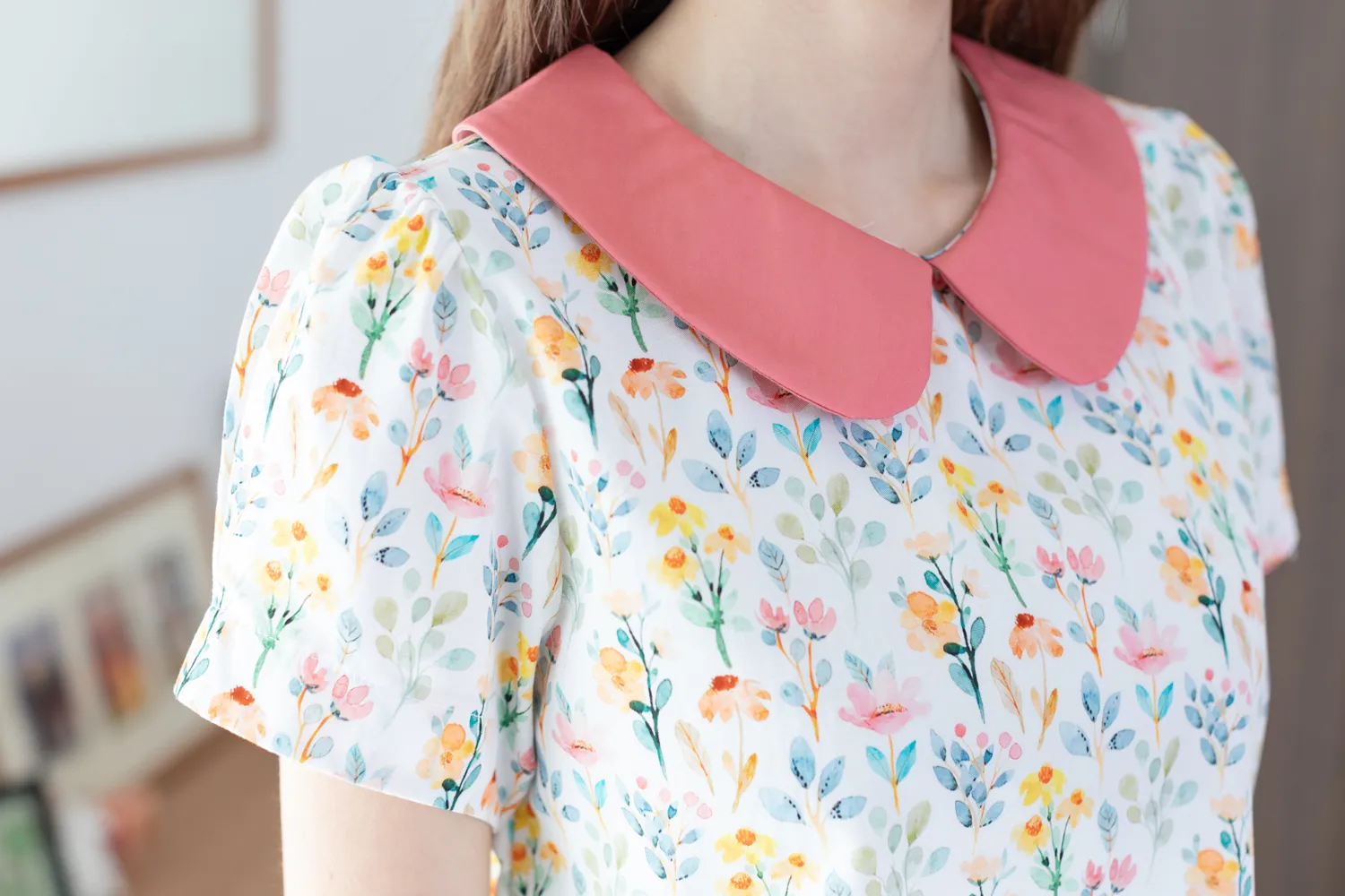 Alternative view of MT0106 Peter Pan Collar Folded Sleeve Blouse – White-Pink