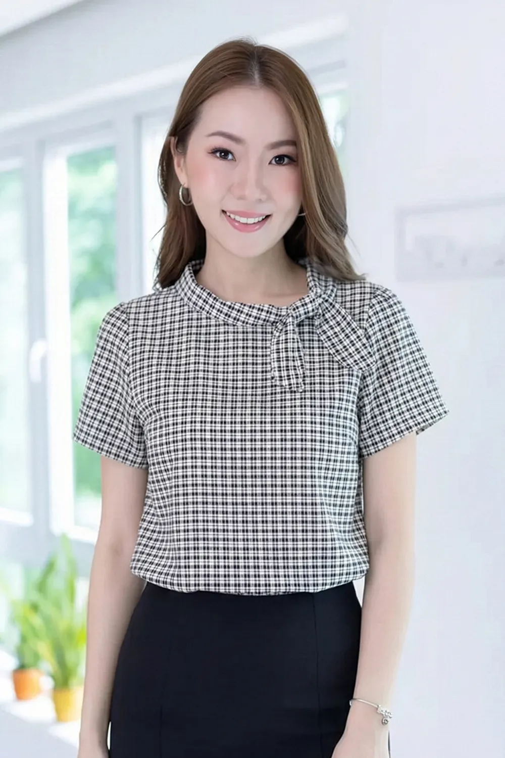 MT5139 Textured Gingham Side Bow Blouse – Black