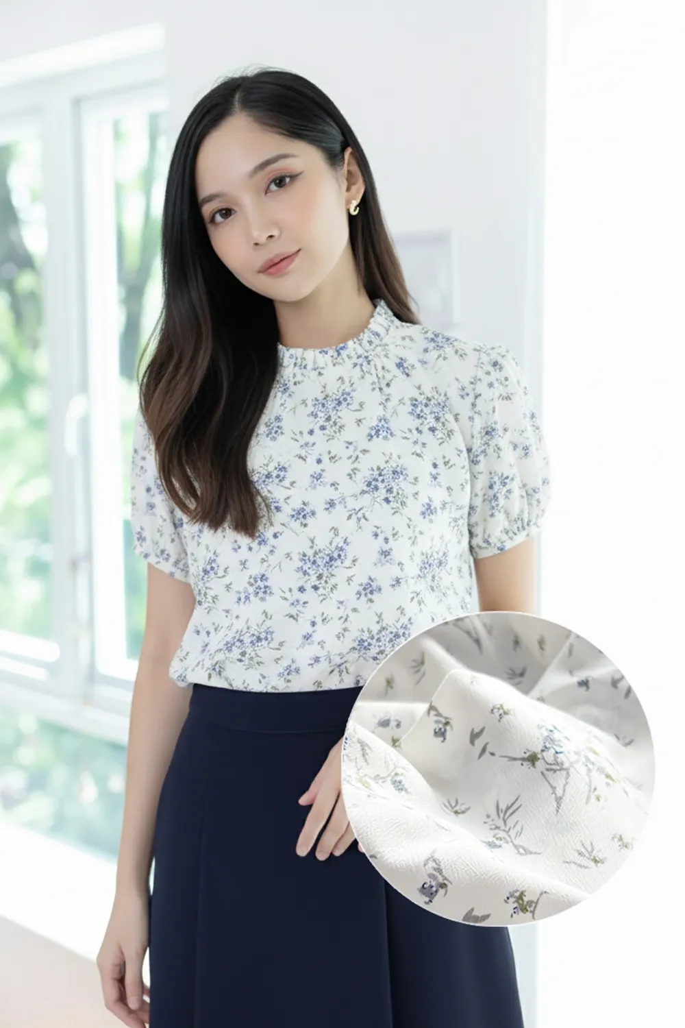 MT2710 Ruff Collar Floral Print Blouse – Off-White