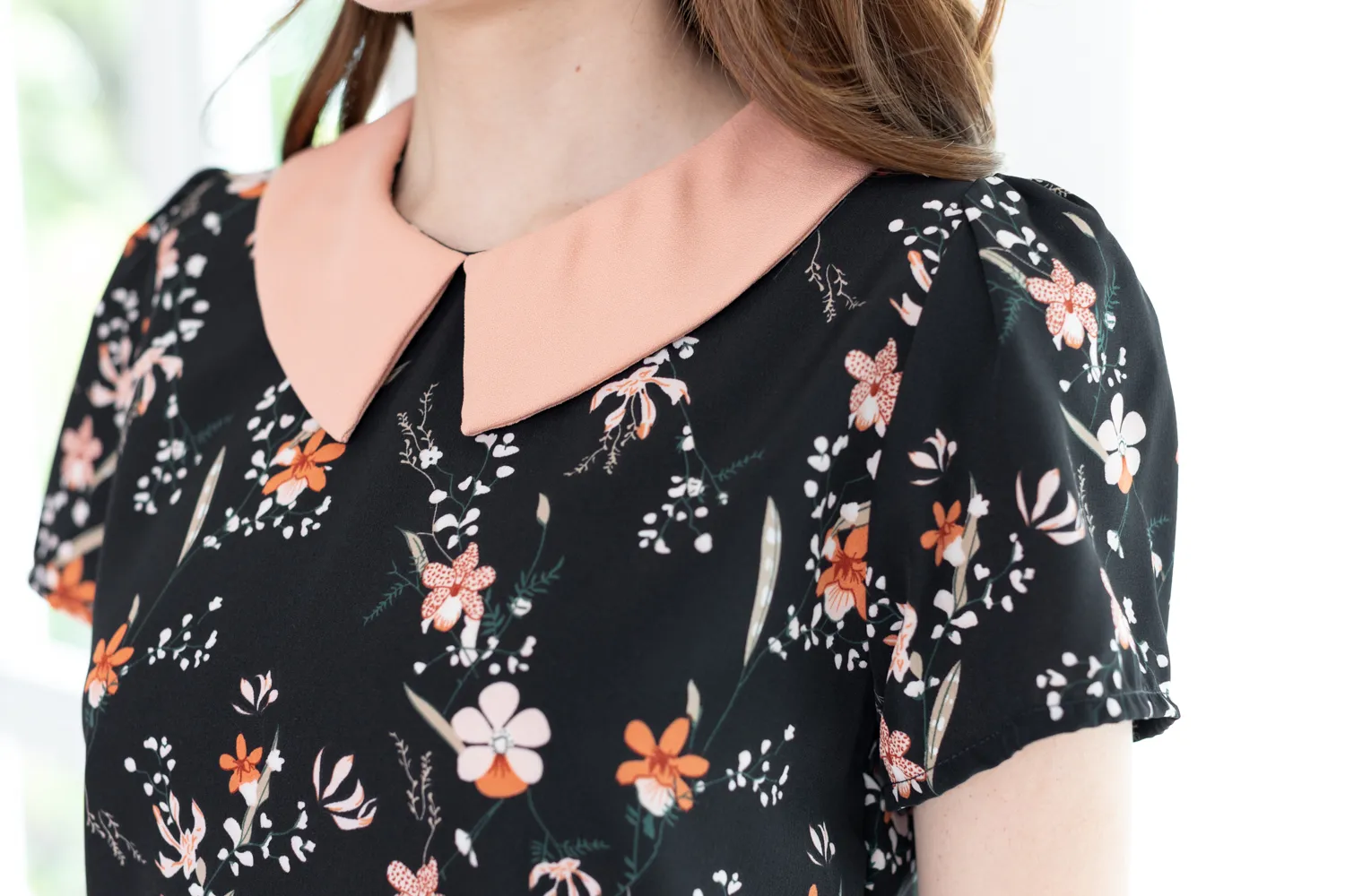 MT1301 Point Collar Orchid Print Blouse – Black-Peach - Image 3