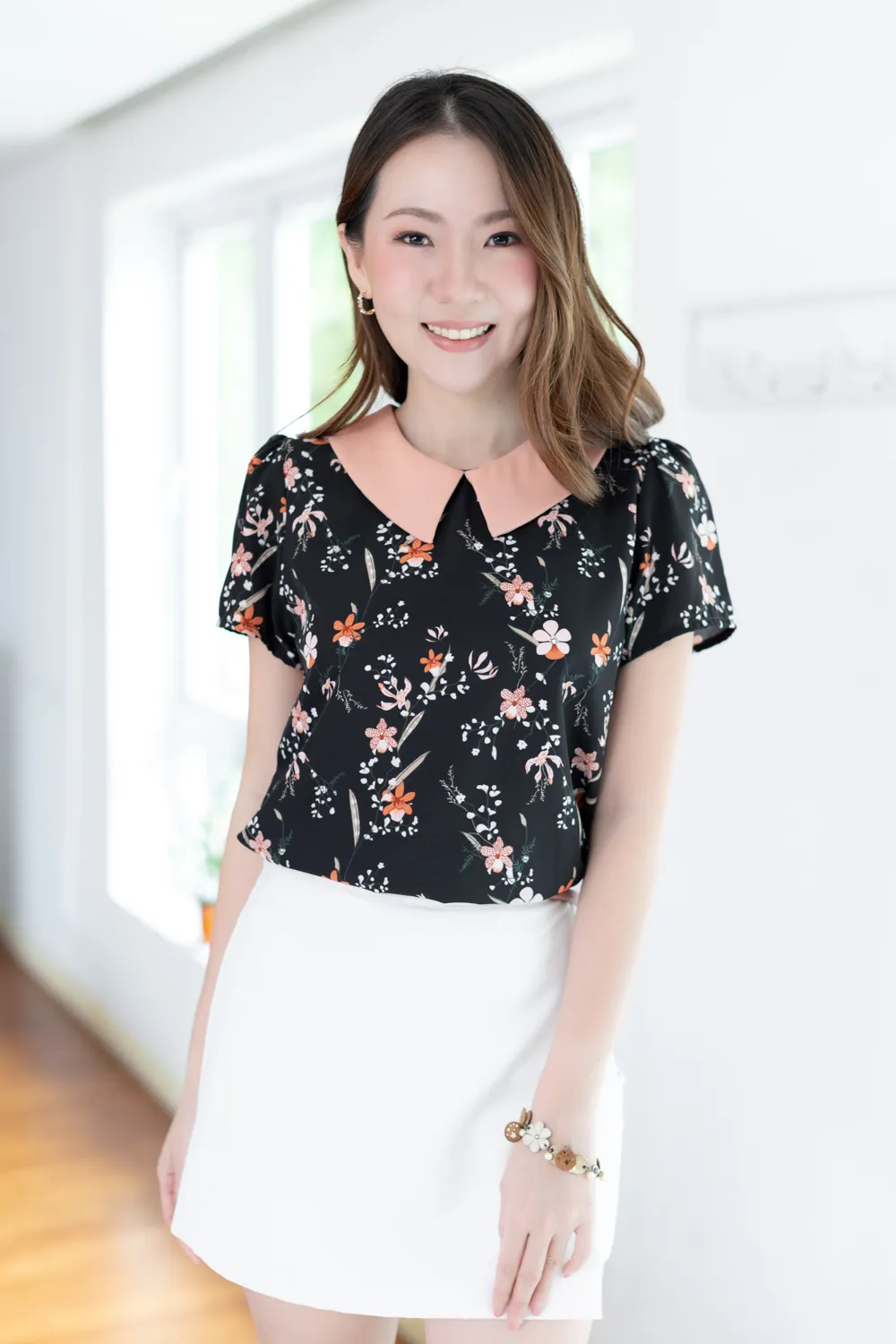 MT1301 Point Collar Orchid Print Blouse – Black-Peach - Image 6