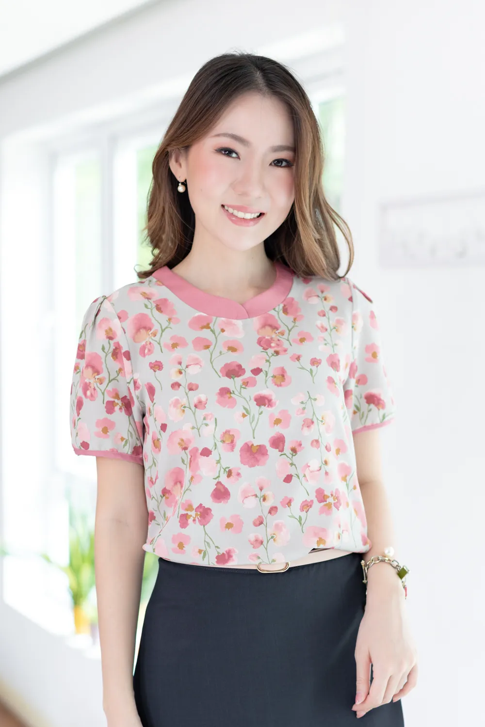 MT3721 Overlap Collar Flora Blouse – Grey-Pink