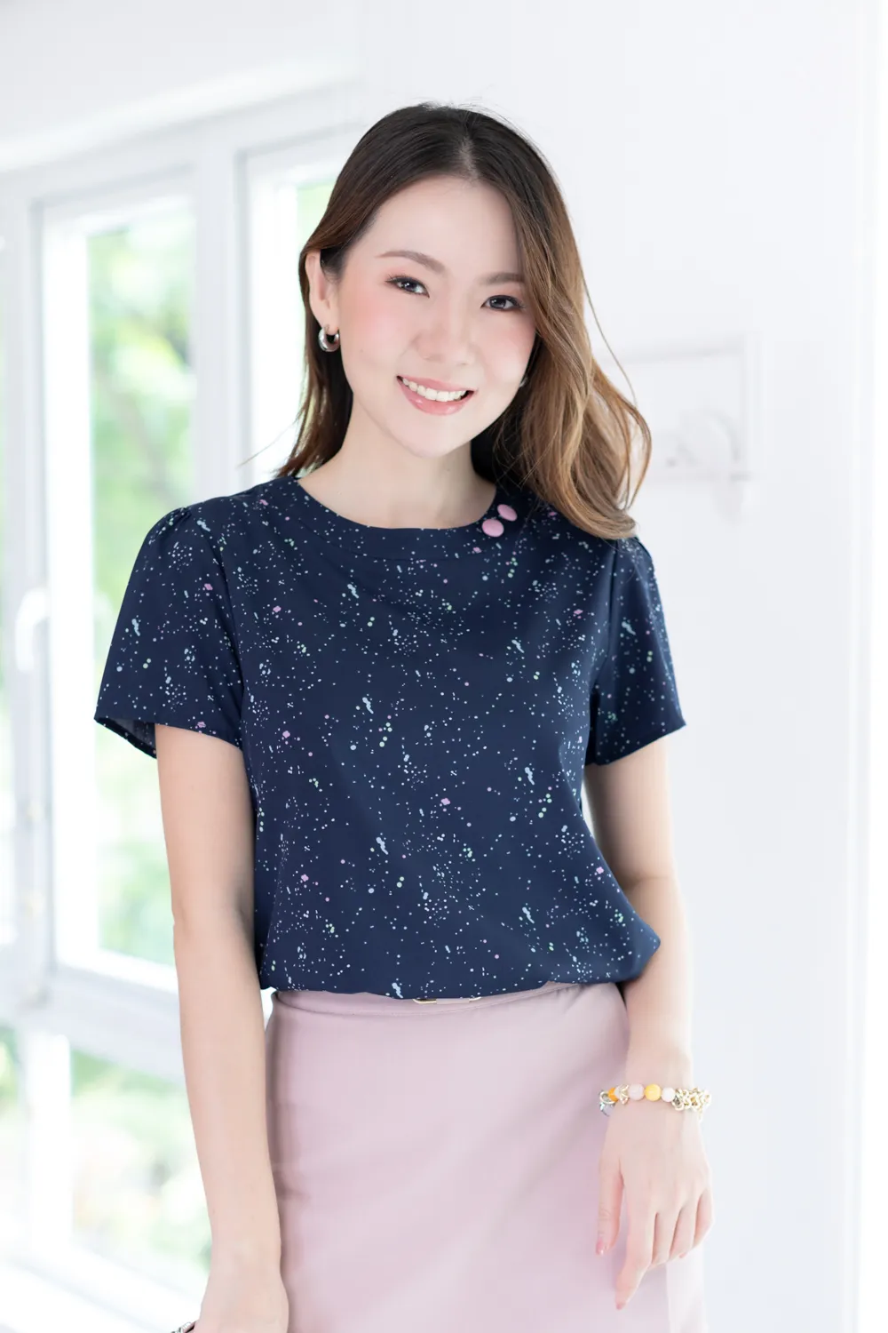 NT2478 Double-Button Neck Splash Blouse – Dark Blue