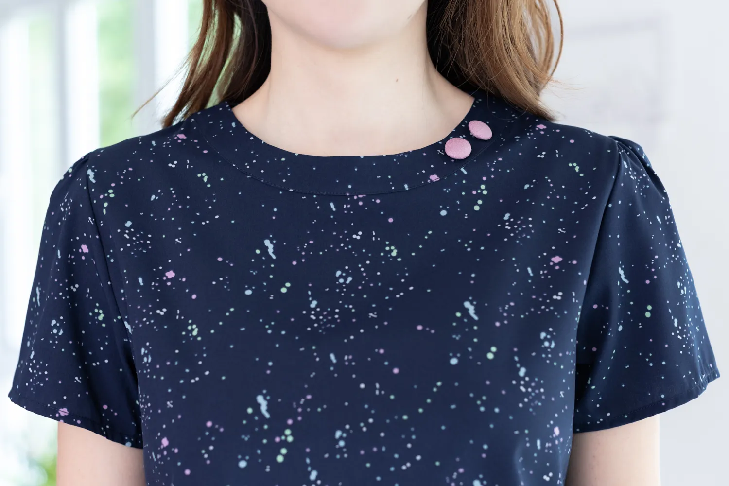 NT2478 Double-Button Neck Splash Blouse – Dark Blue - Image 2