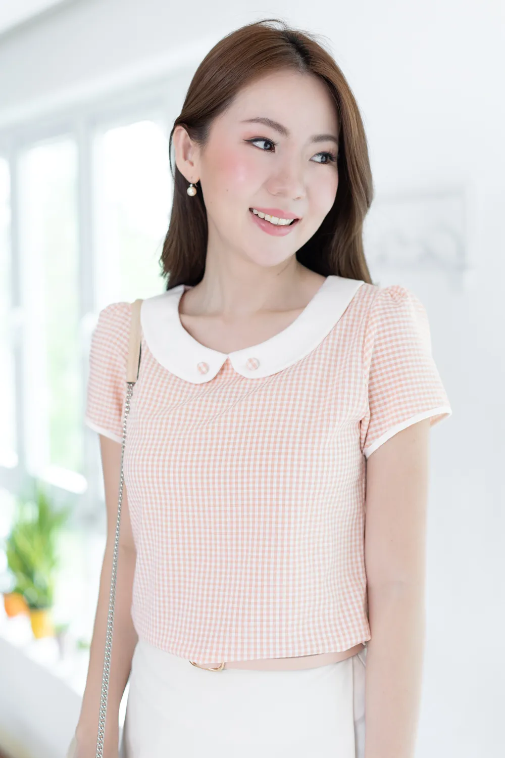 NT2428 Peter Pan Collar Striped Blouse – Pink - Image 3