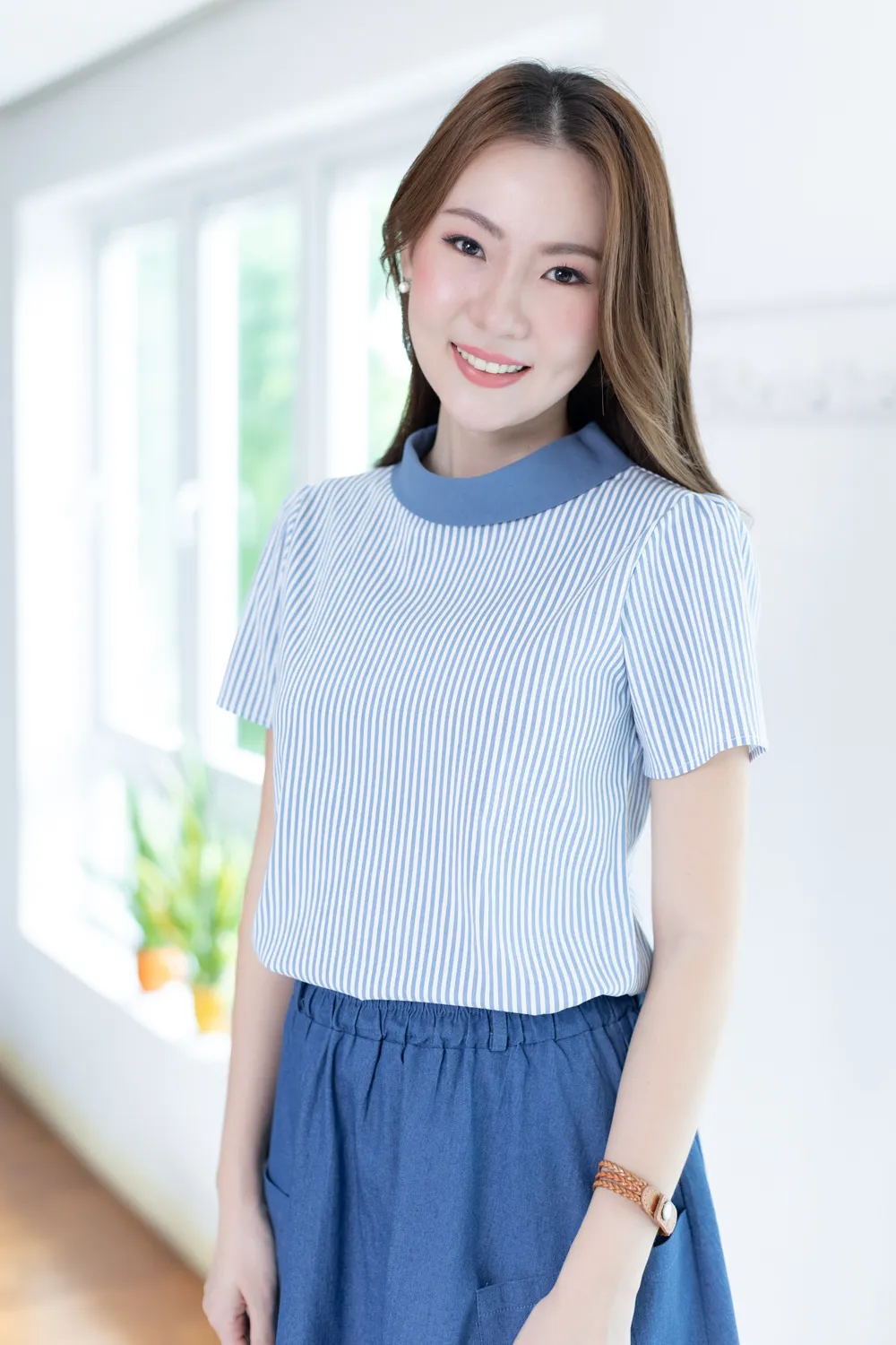 Light Blue Blouse with Folded Collar