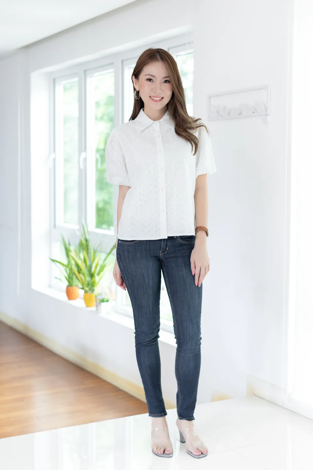 NT2486 Balloon Sleeve Perforated Shirt – White - Image 5