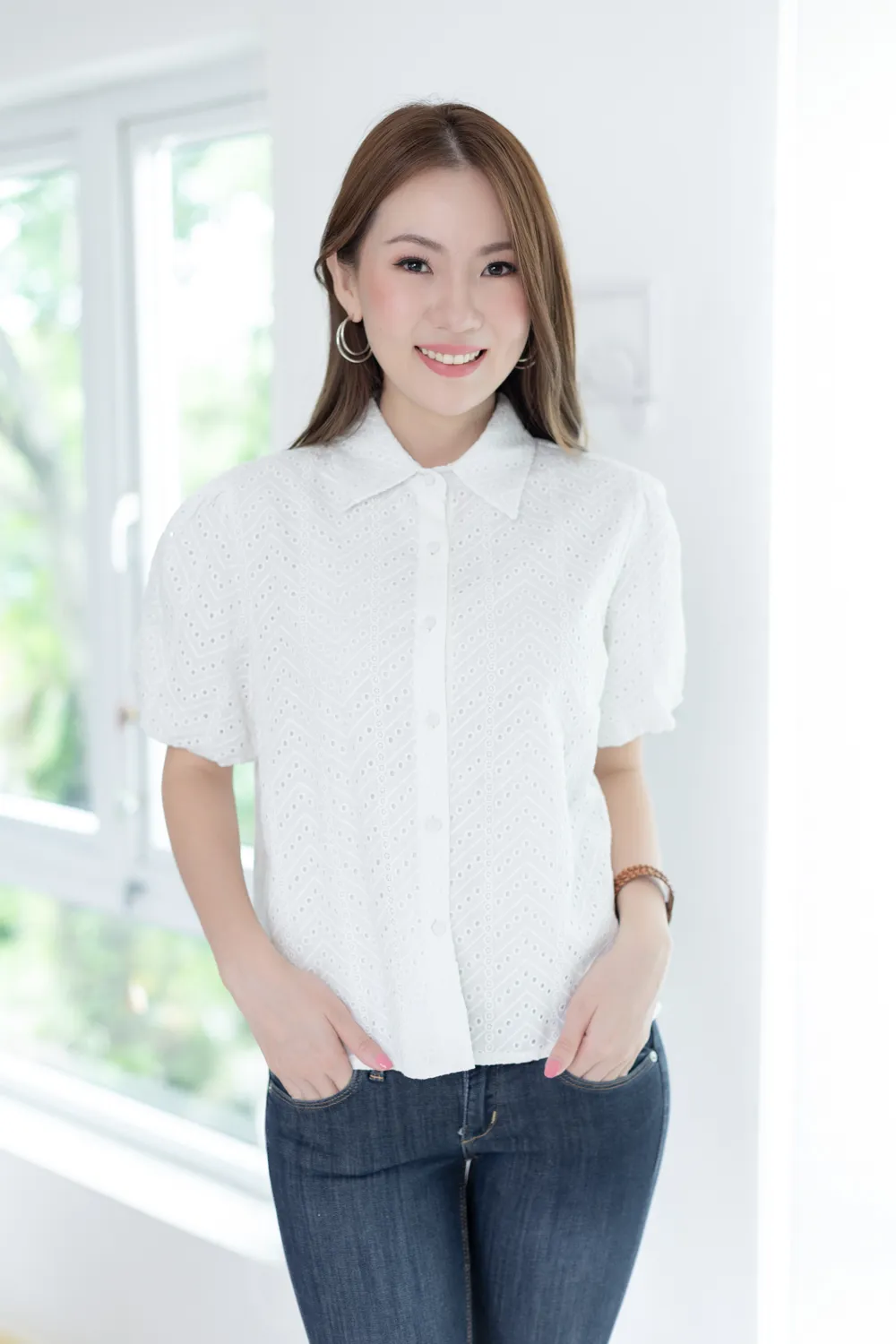 NT2486 Balloon Sleeve Perforated Shirt – White - Image 6