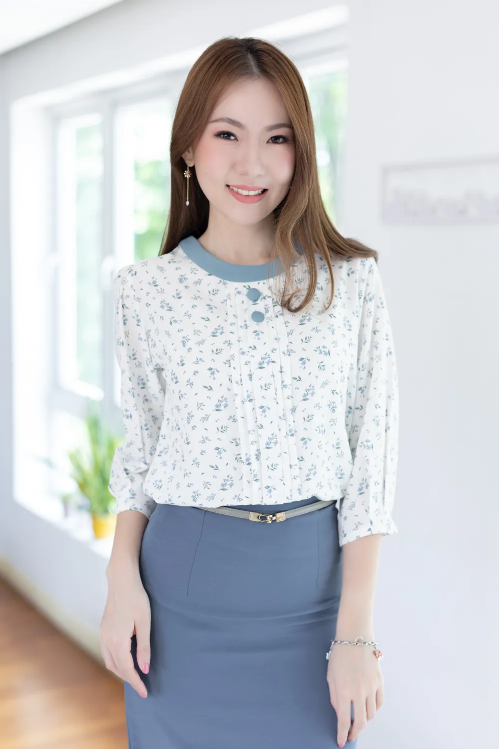 MT5842 Azure Blossom Front Tuck Blouse – White