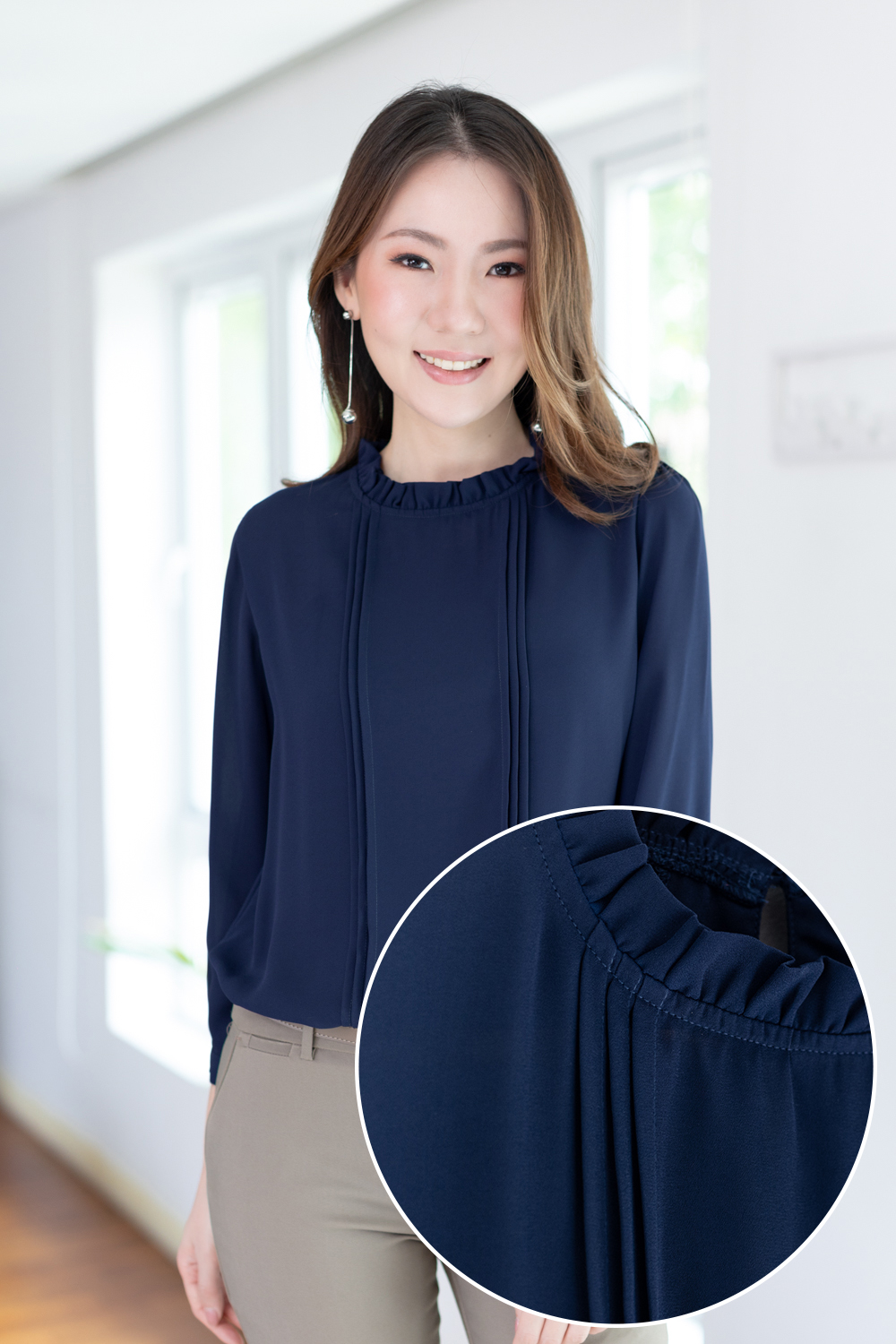MT0431 Ruff Collar Pintuck Chiffon Blouse – Navy Blue