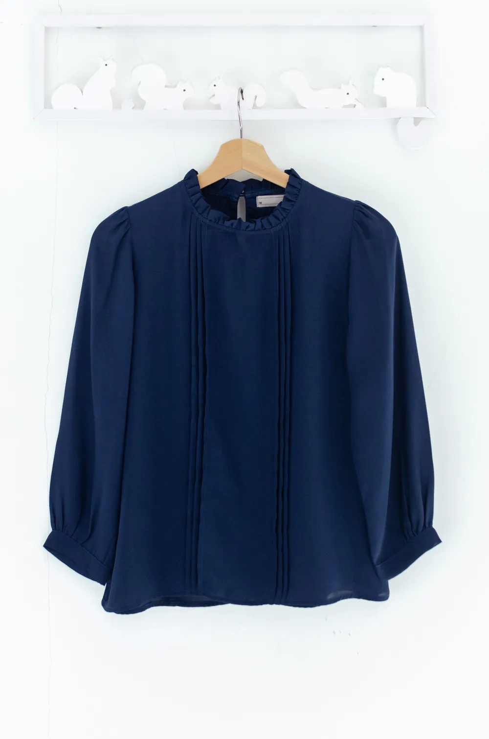 Alternative view of MT0431 Ruff Collar Pintuck Chiffon Blouse – Navy Blue