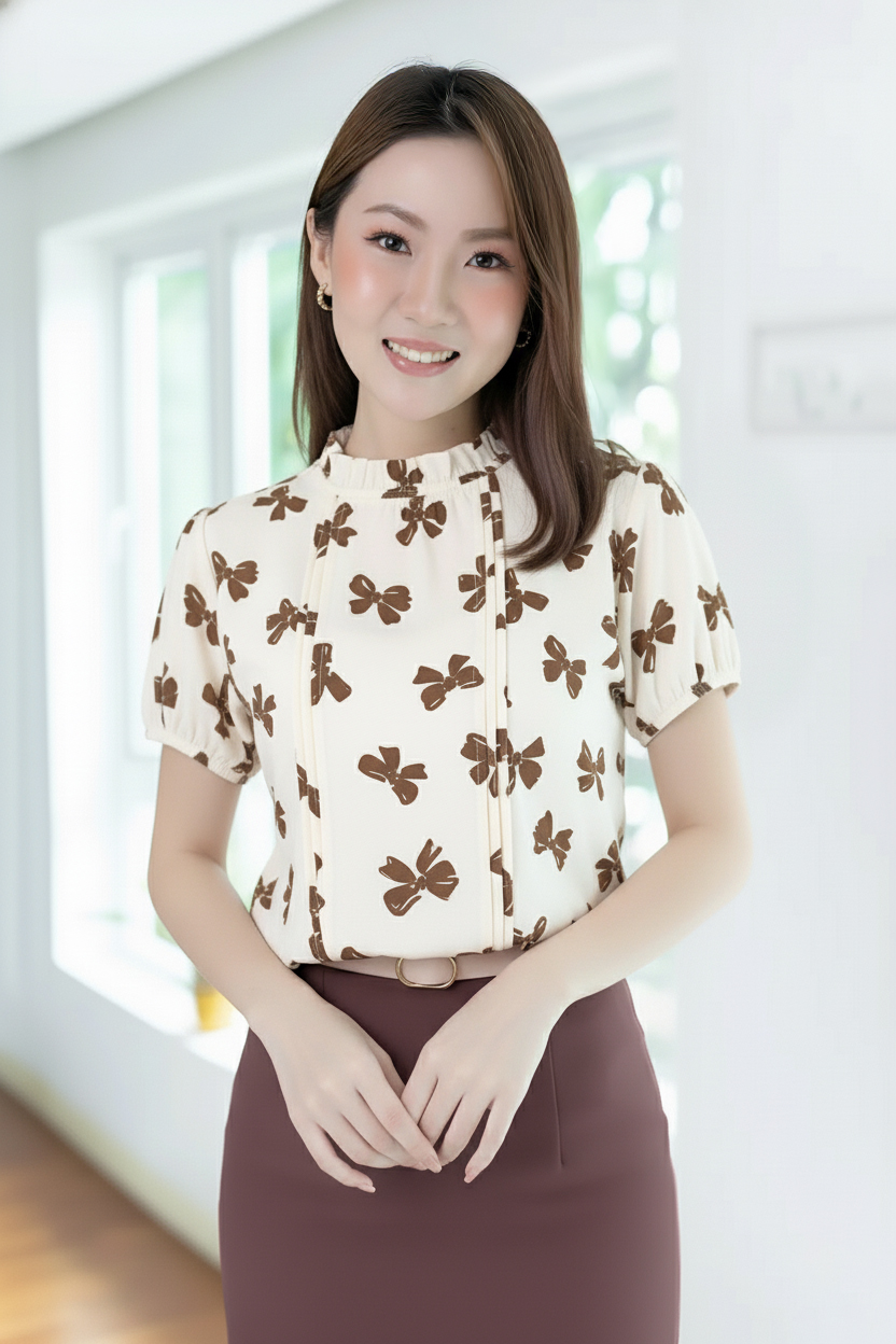 MT0450 Ruff Collar Puff Sleeve Blouse – Cream