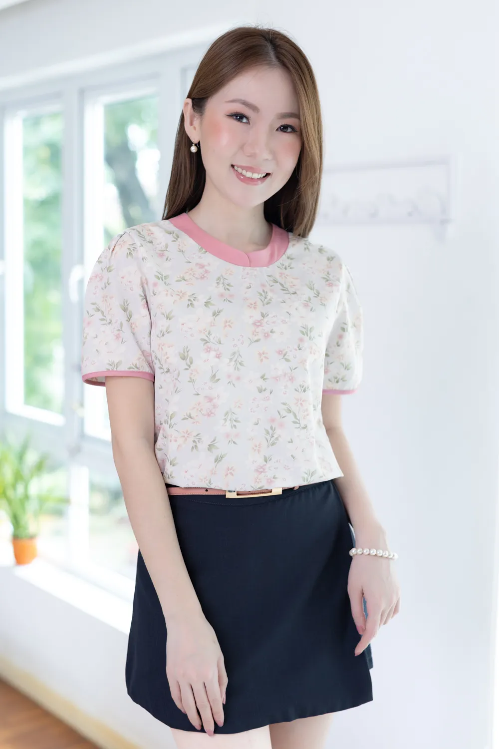 MT3721 Overlap Collar Floral Blouse – Pale Cloudy Blue - Image 4