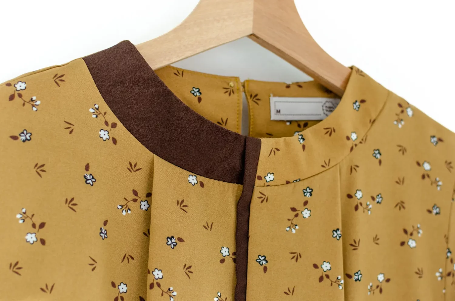 Alternative view of MN0326 High Neck Blouse with Brown Trim – Mustard