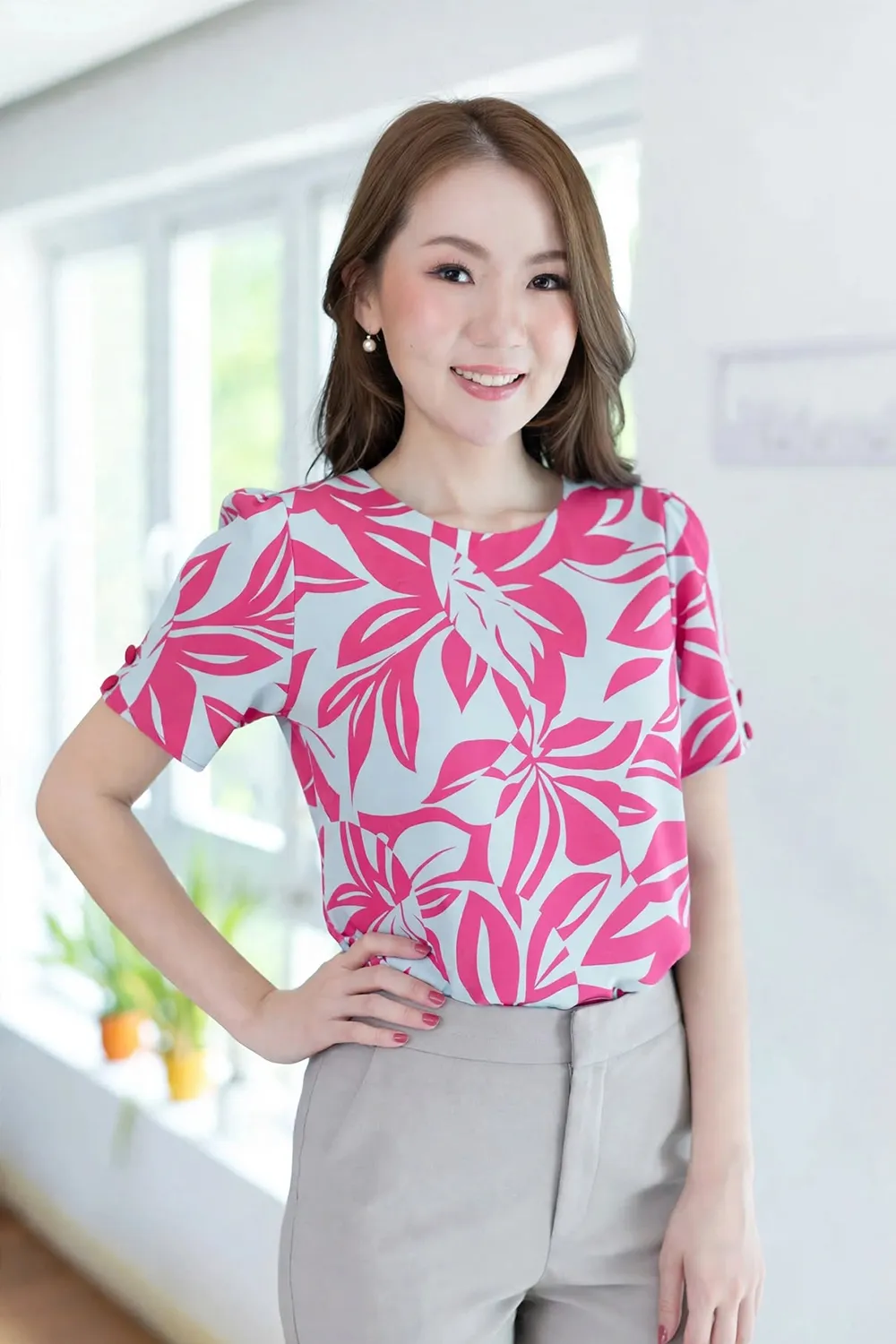 NT1712 Graphic Button Sleeve Blouse – Pink-Blue