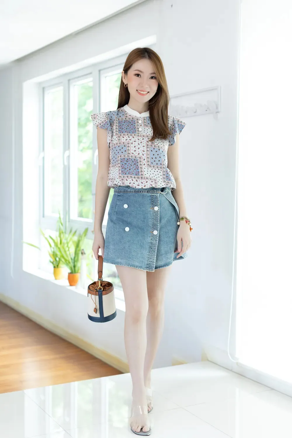 MT3911 Overlap Collar Frill Sleeve Blouse – Blue - Image 5