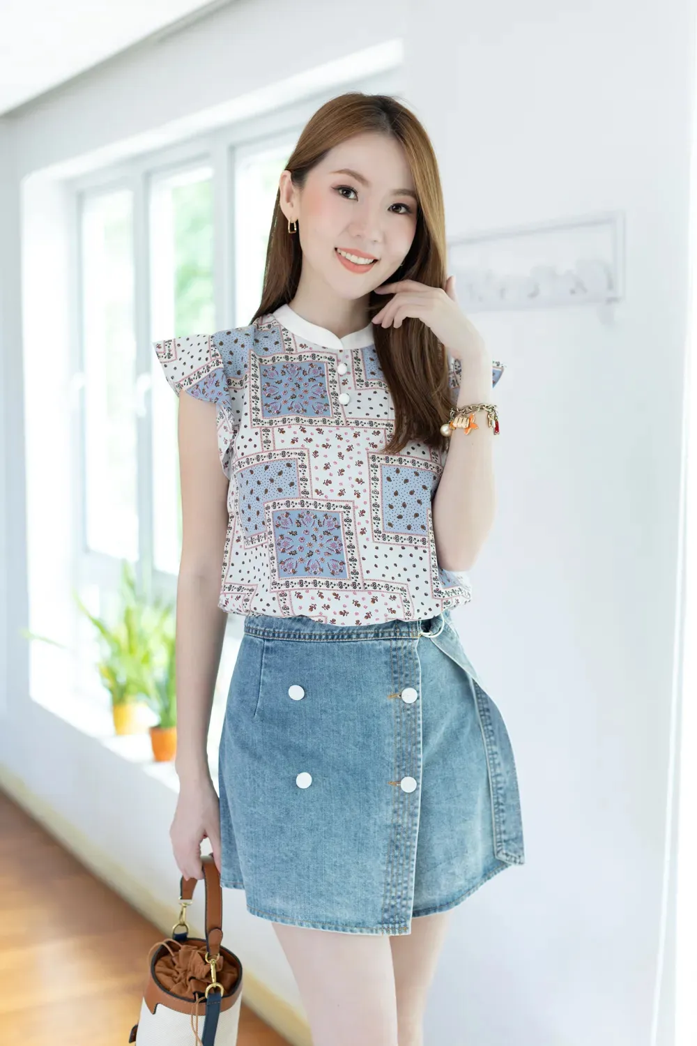 MT3911 Overlap Collar Frill Sleeve Blouse – Blue - Image 6